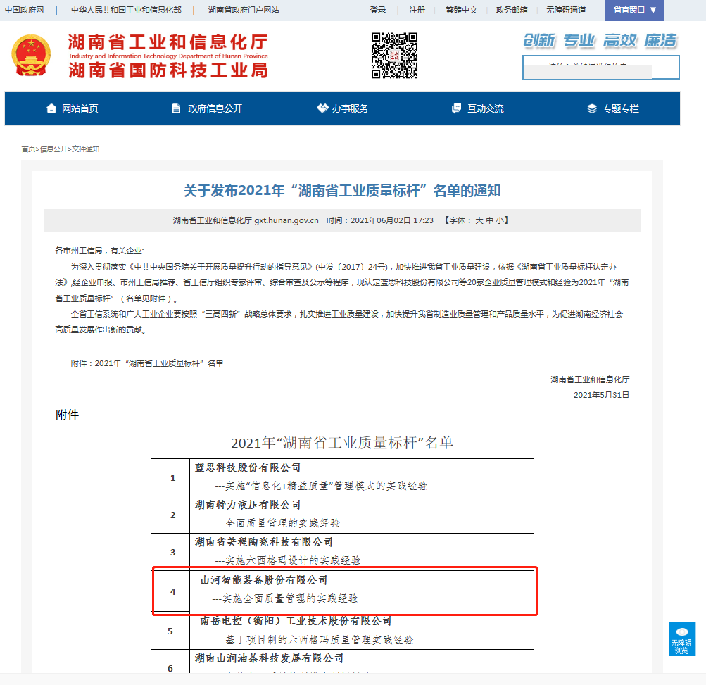 山河智能榮獲湖南省工業(yè)質(zhì)量標桿企業(yè)